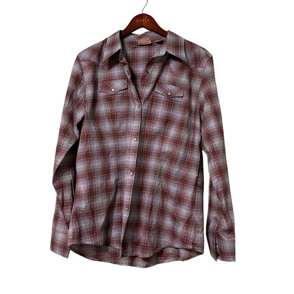 Wrangler Women’s Pearl Snap Shimmer Plaid Lightweight Shirt- Size Large - Picture 1 of 4